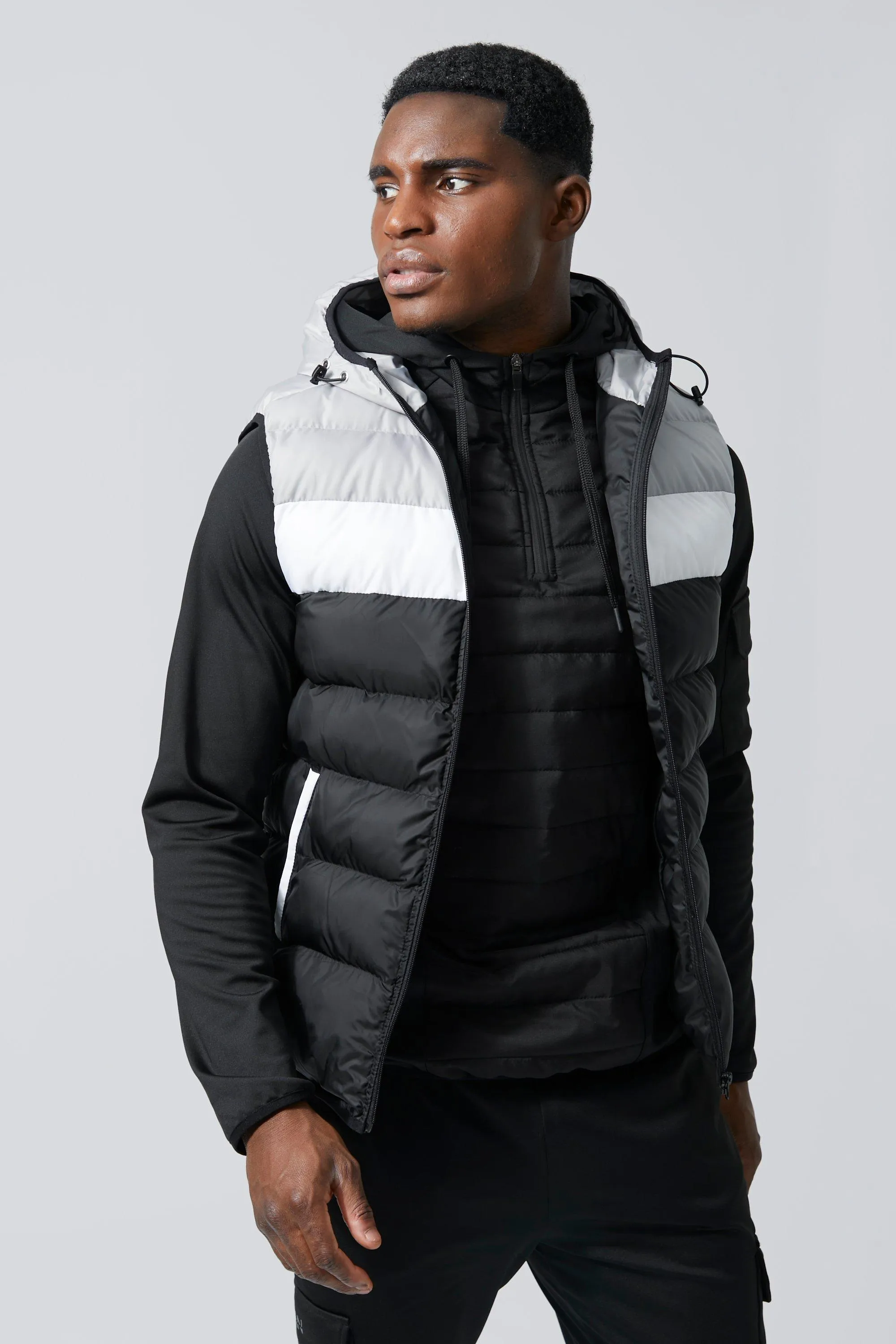 Active Gym Colour Block Hooded Body Warmer | boohooMAN UK