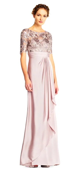 Adrianna Papell - Short Sleeves Draped Satin Dress AP1E201568 - 1 pc Light Mink in Size 6 Available