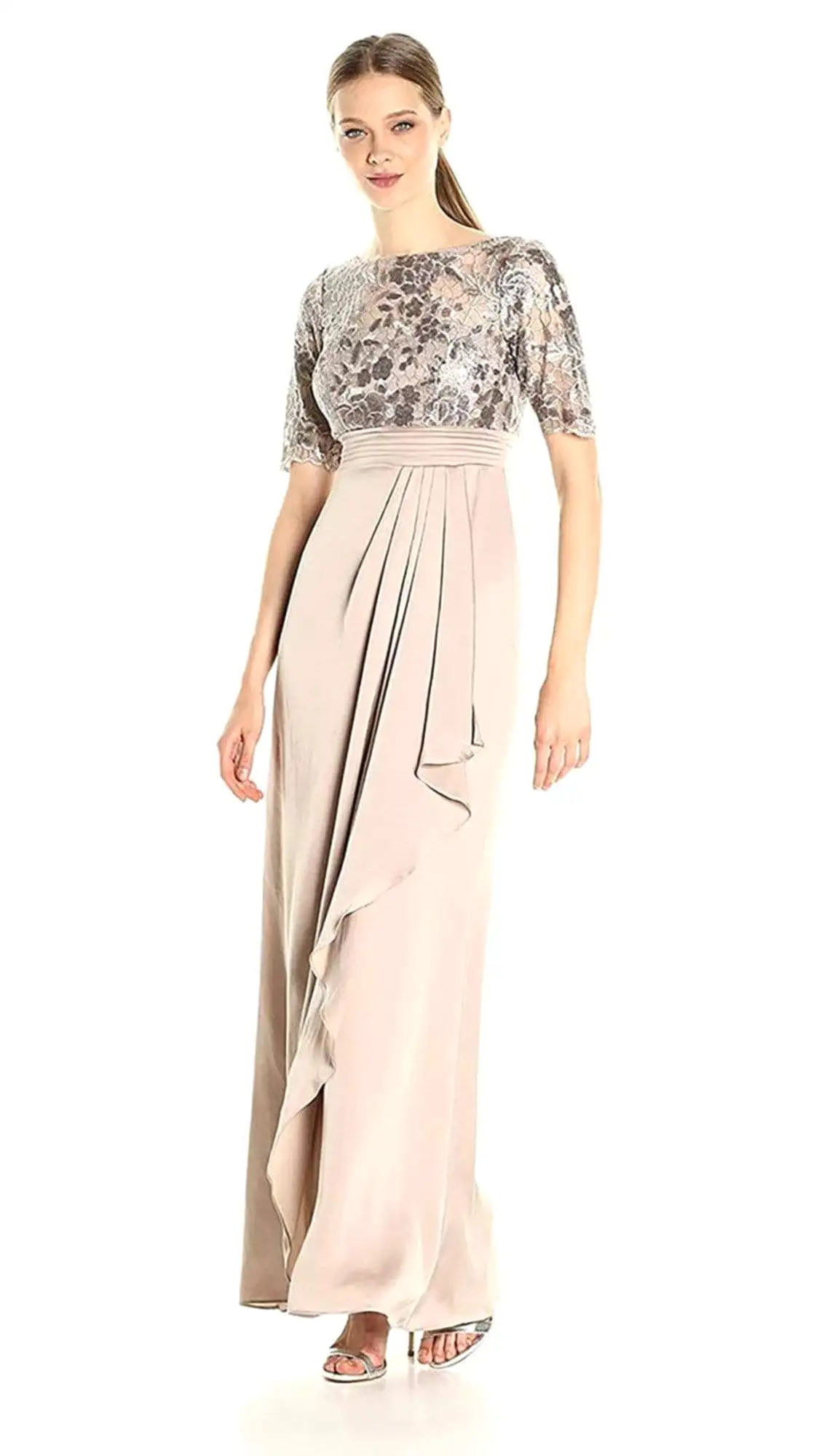 Adrianna Papell - Short Sleeves Draped Satin Dress AP1E201568 - 1 pc Light Mink in Size 6 Available