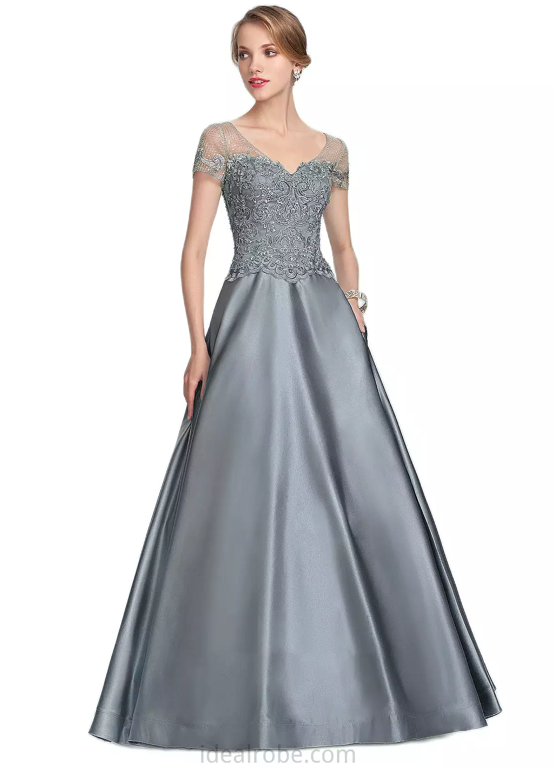 Amara A-Line V-neck Floor-Length Satin Lace Mother of the Bride Dress With Beading Sequins STK126P0014730