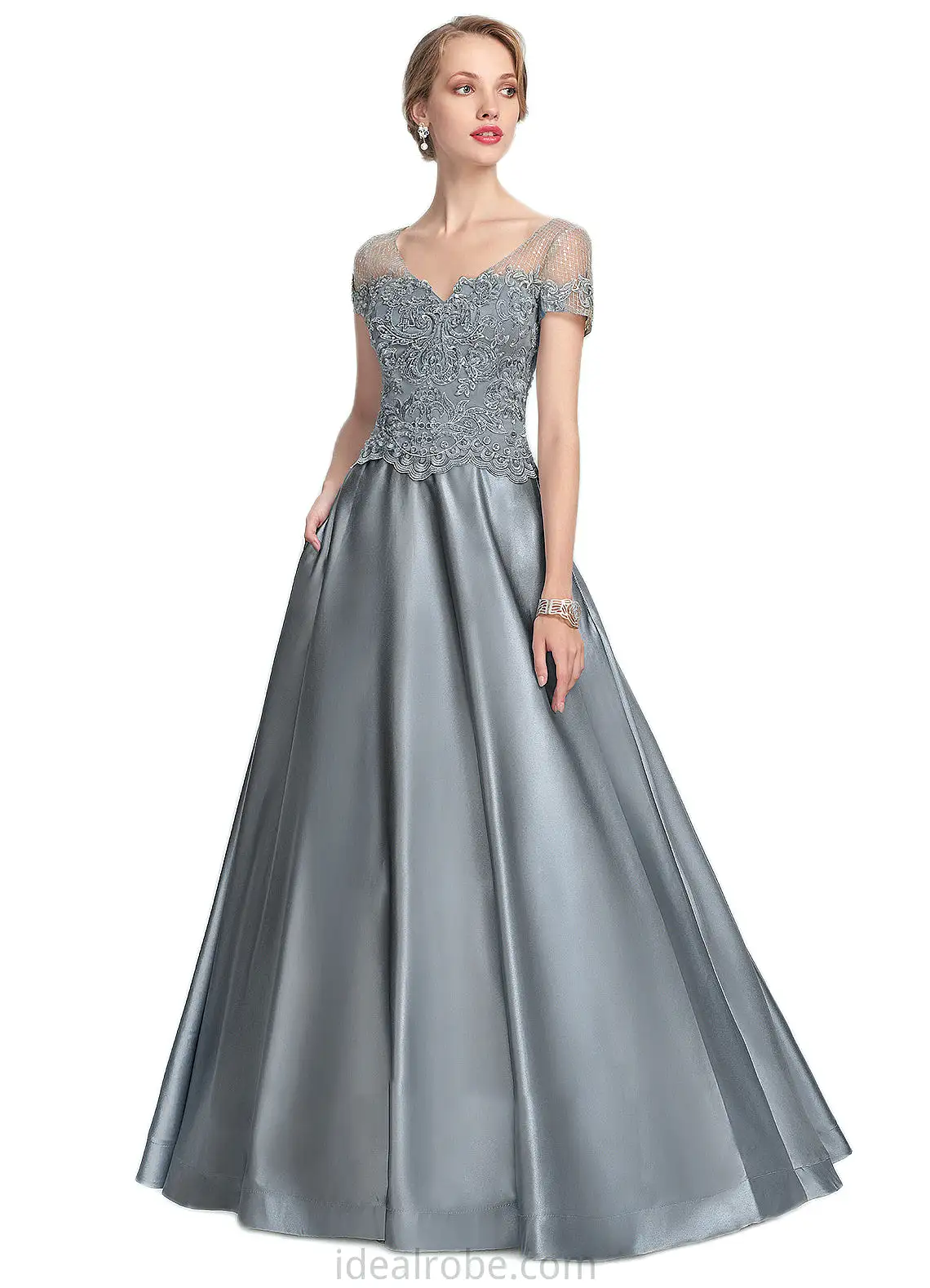 Amara A-Line V-neck Floor-Length Satin Lace Mother of the Bride Dress With Beading Sequins STK126P0014730