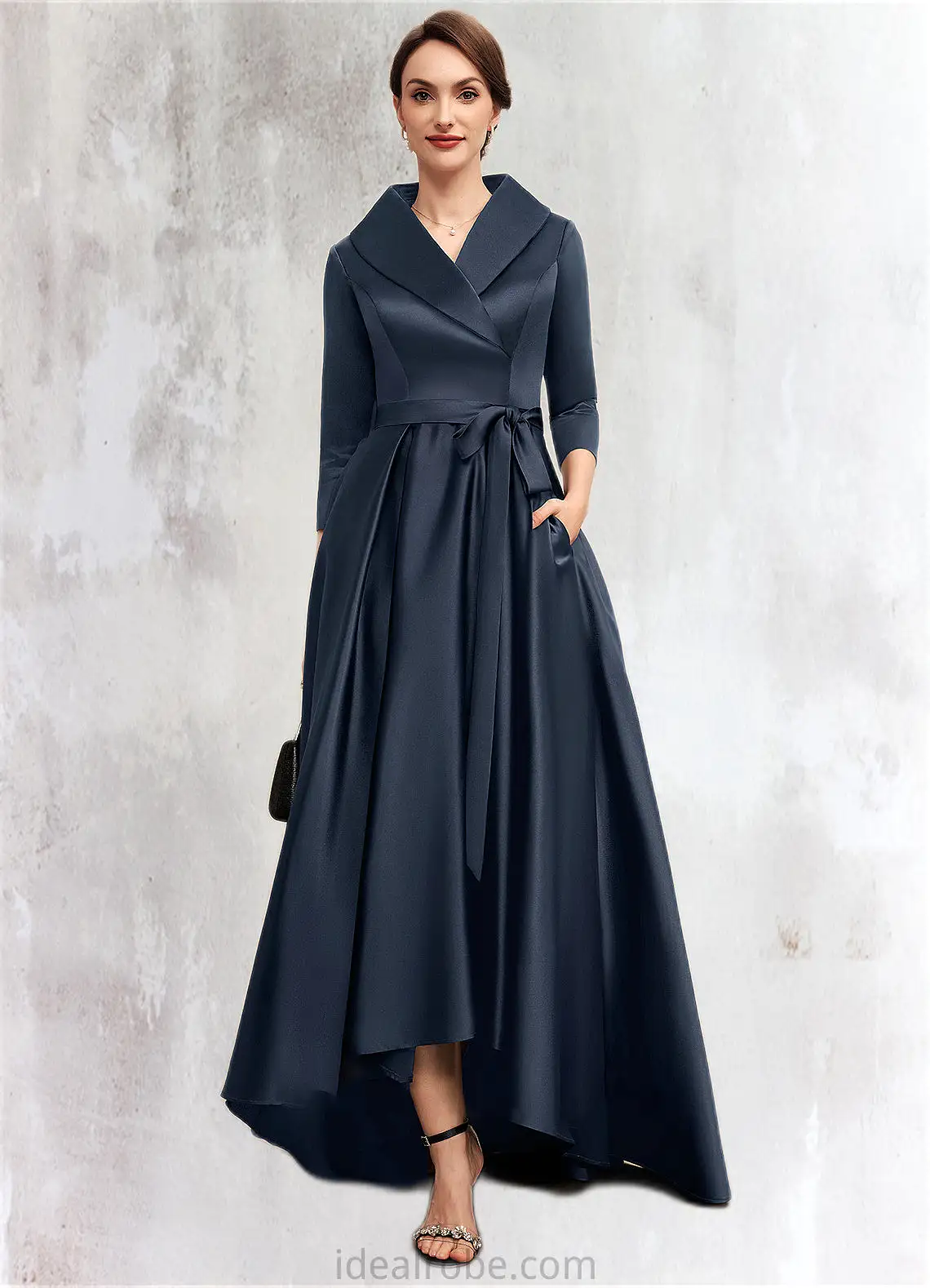 Anaya A-Line V-neck Asymmetrical Satin Mother of the Bride Dress With Bow(s) Pockets STK126P0014553