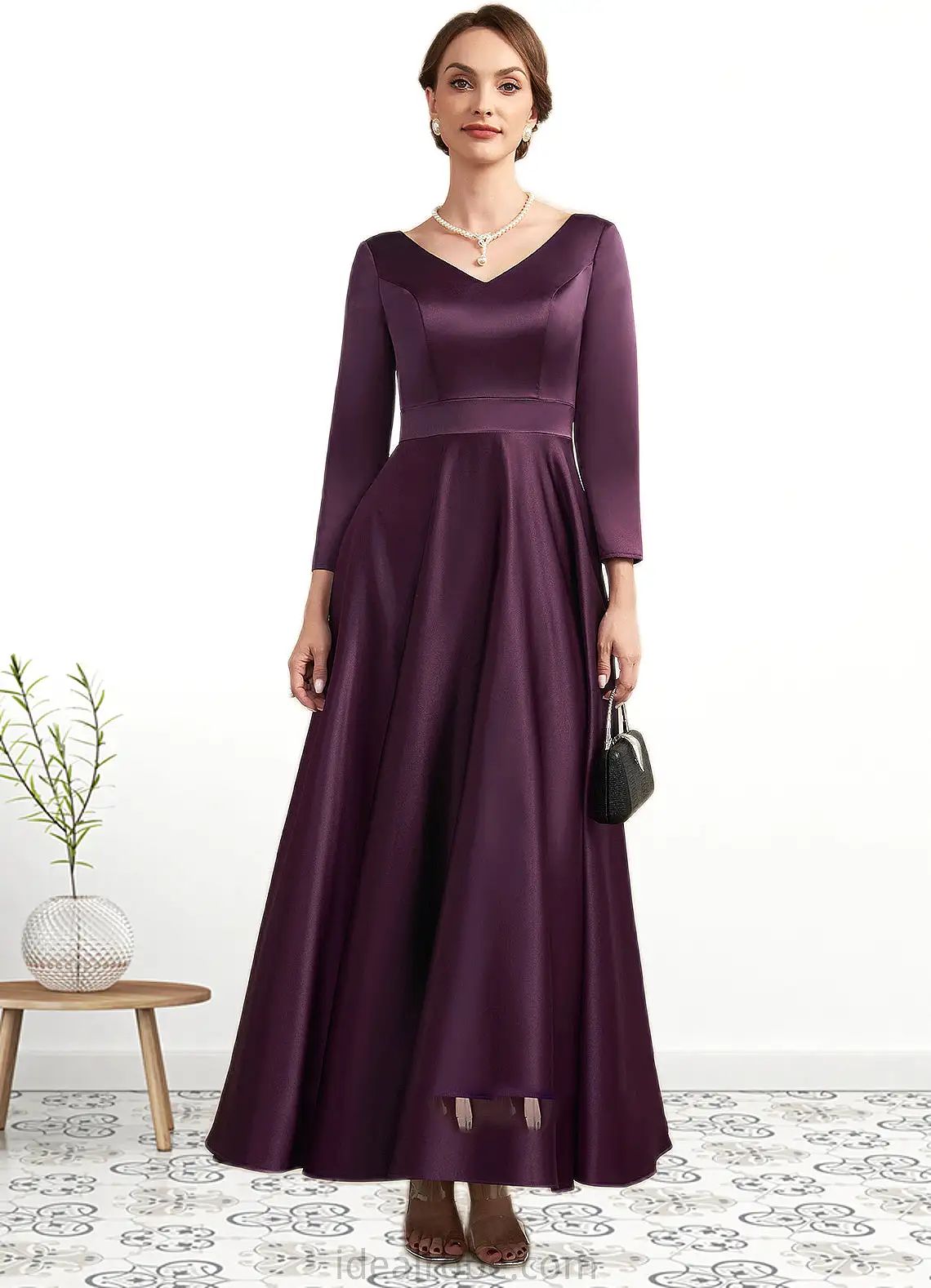 Aurora A-Line V-neck Ankle-Length Satin Mother of the Bride Dress With Pockets STK126P0014720