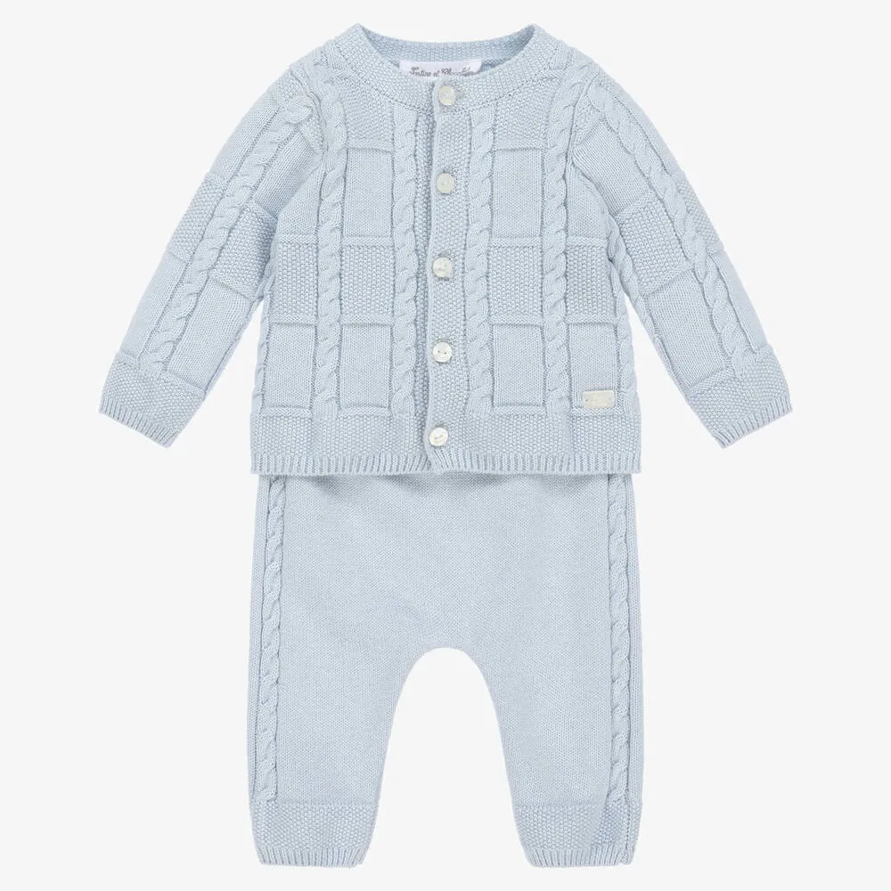 Baby Boys Blue Cotton & Cashmere Trouser Set