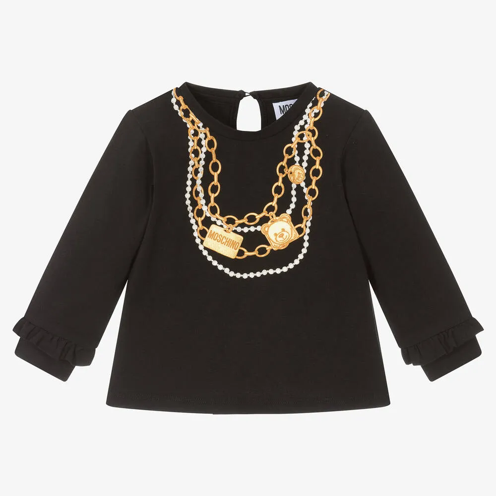 Baby Girls Black Cotton Necklace Logo Top