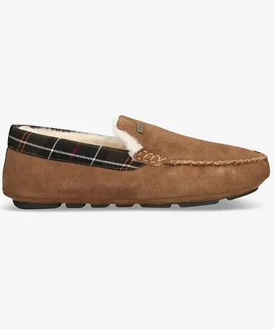 Barbour Mens Camel Monty tartan-print faux shearling-lined suede slippers