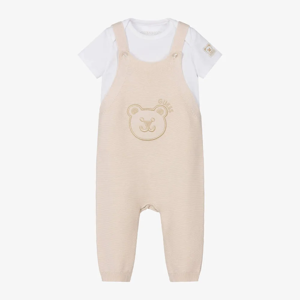 Beige Cotton Teddy Baby Dungaree Set