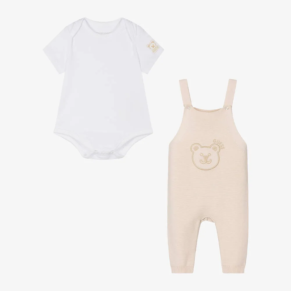 Beige Cotton Teddy Baby Dungaree Set