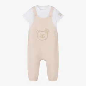 Beige Cotton Teddy Baby Dungaree Set