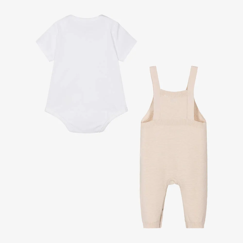 Beige Cotton Teddy Baby Dungaree Set