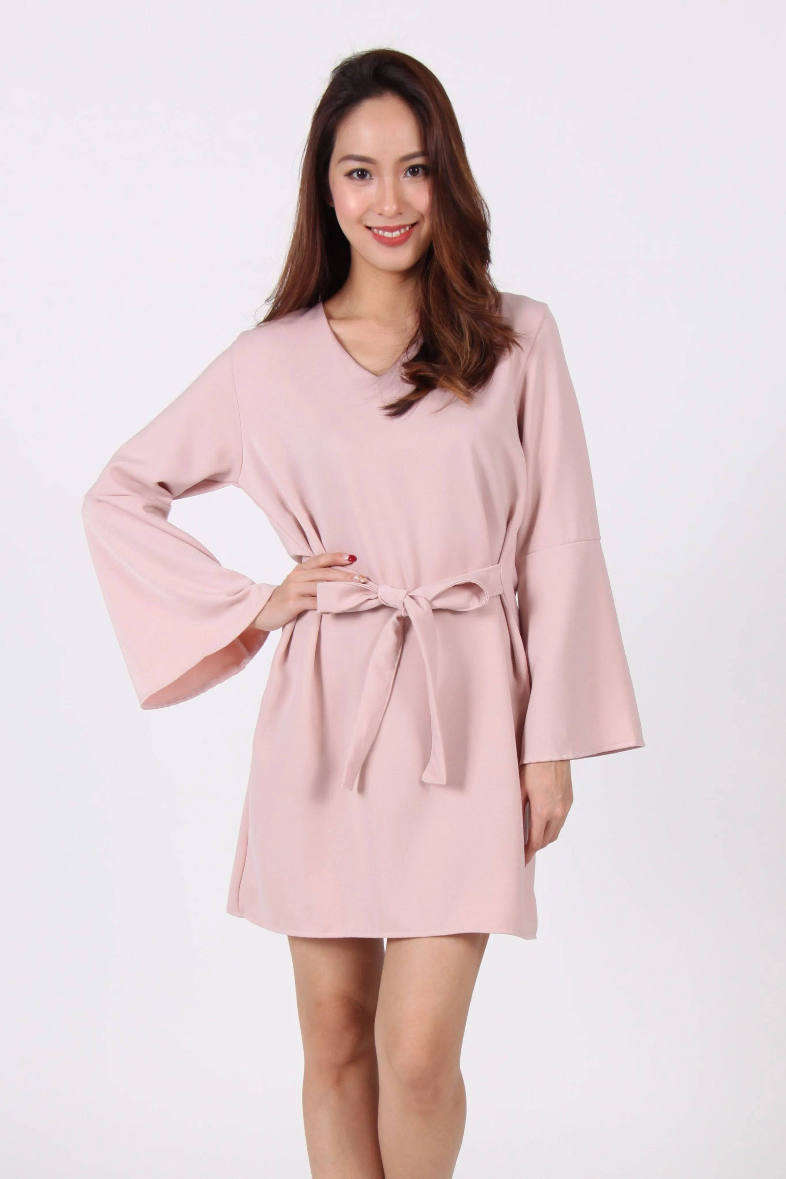 Bell Sleeve Ribbon Shift Dress in Beige