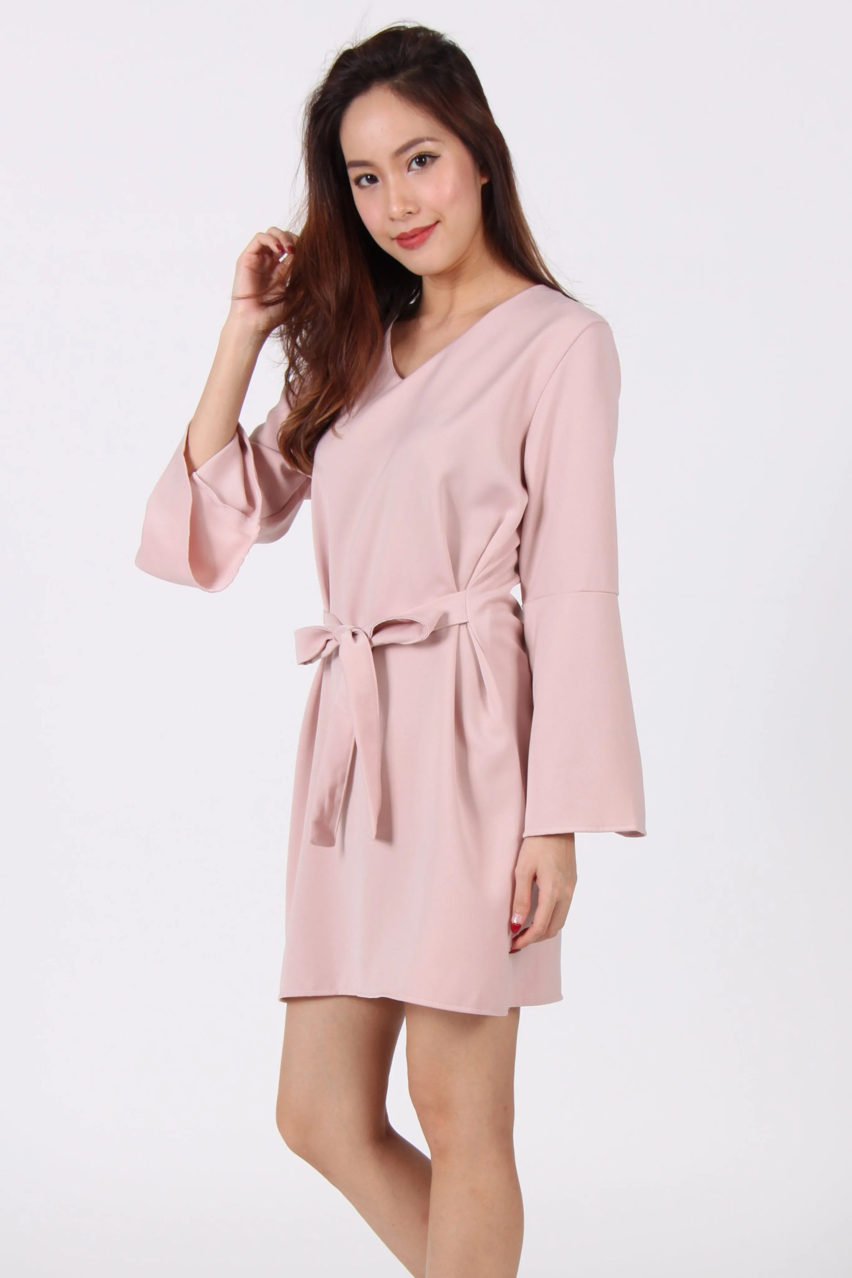 Bell Sleeve Ribbon Shift Dress in Beige