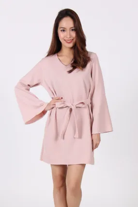 Bell Sleeve Ribbon Shift Dress in Beige