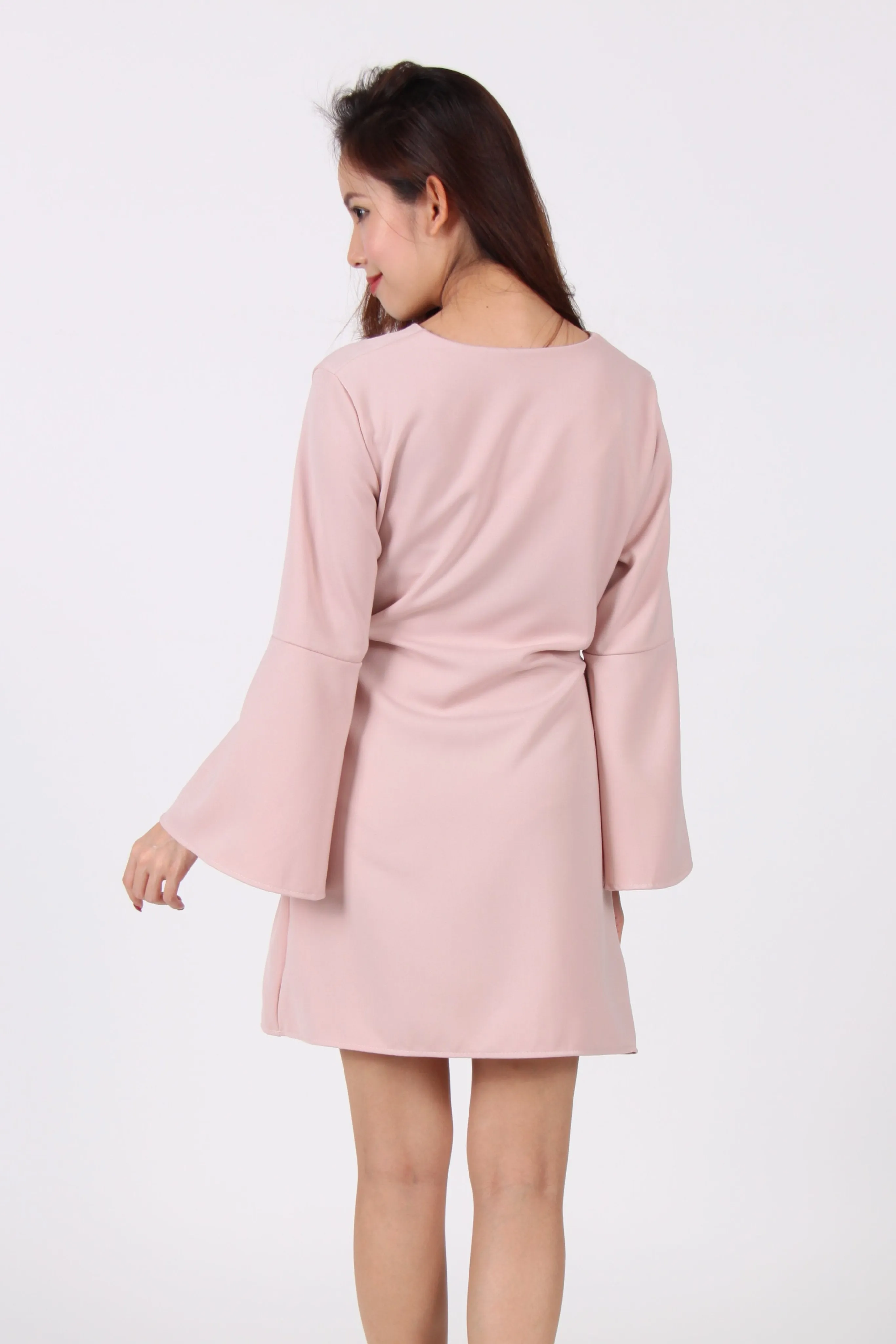 Bell Sleeve Ribbon Shift Dress in Beige