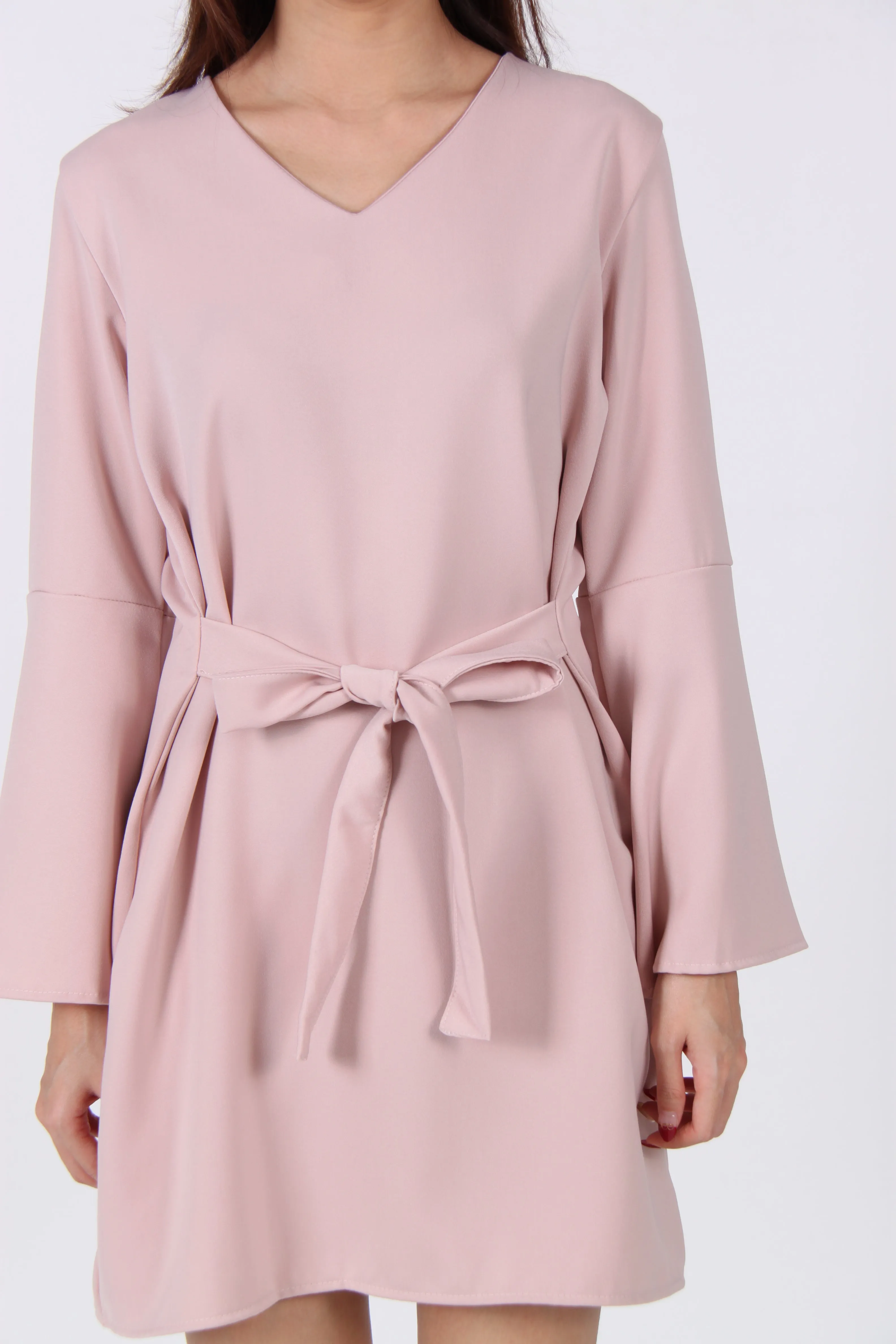 Bell Sleeve Ribbon Shift Dress in Beige