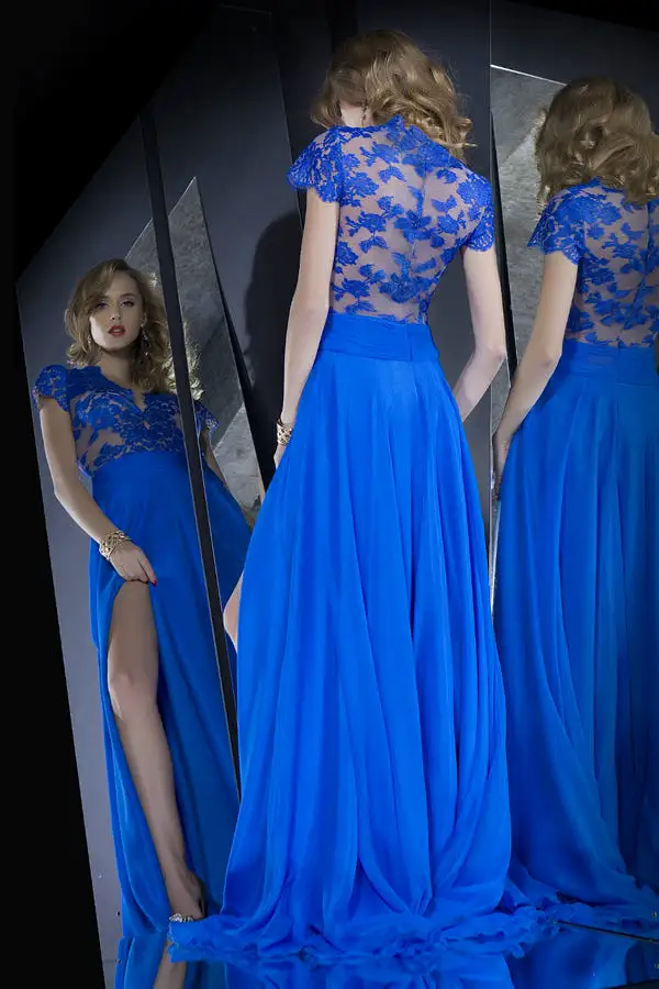 Blue A Line Sweep Train Deep V Neck Short Sleeve Lace Side Slit Long Prom Dresses