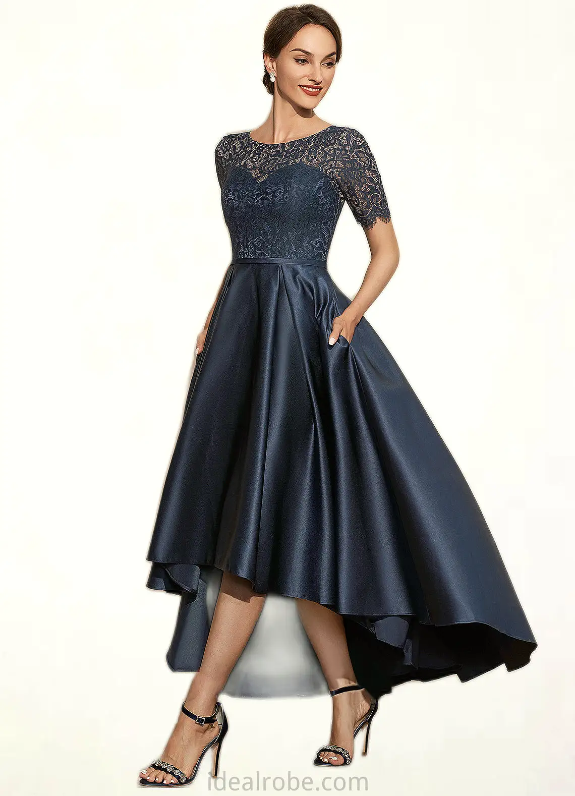 Carly A-Line Scoop Neck Asymmetrical Satin Lace Mother of the Bride Dress With Pockets STK126P0014613