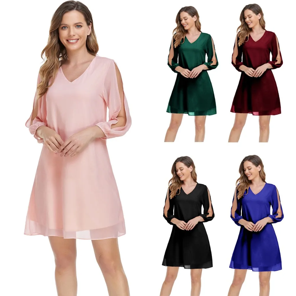 Casual 3/4 Sleeve V Neck Shift Chiffon Short Loose Elegant Evening Dress