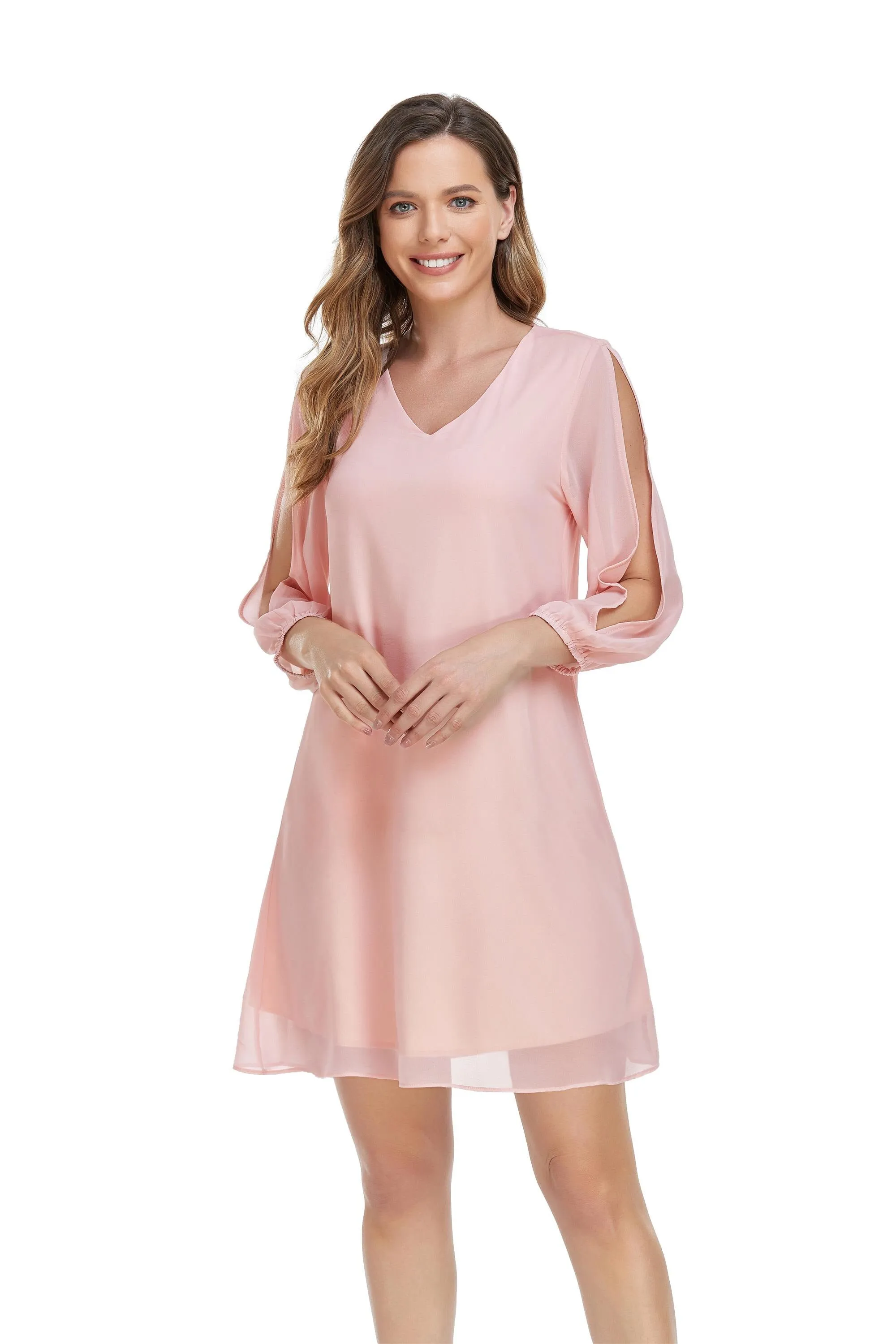 Casual 3/4 Sleeve V Neck Shift Chiffon Short Loose Elegant Evening Dress