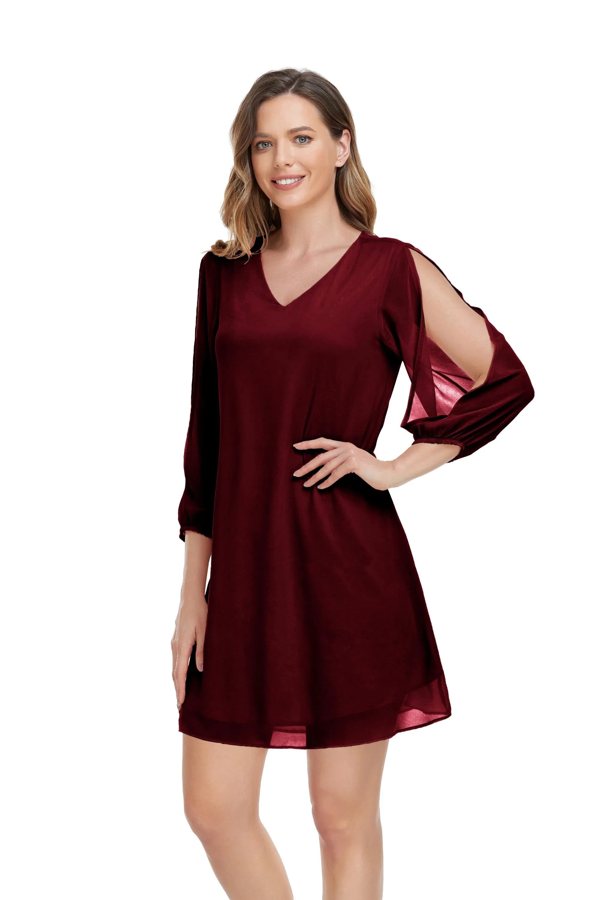 Casual 3/4 Sleeve V Neck Shift Chiffon Short Loose Elegant Evening Dress