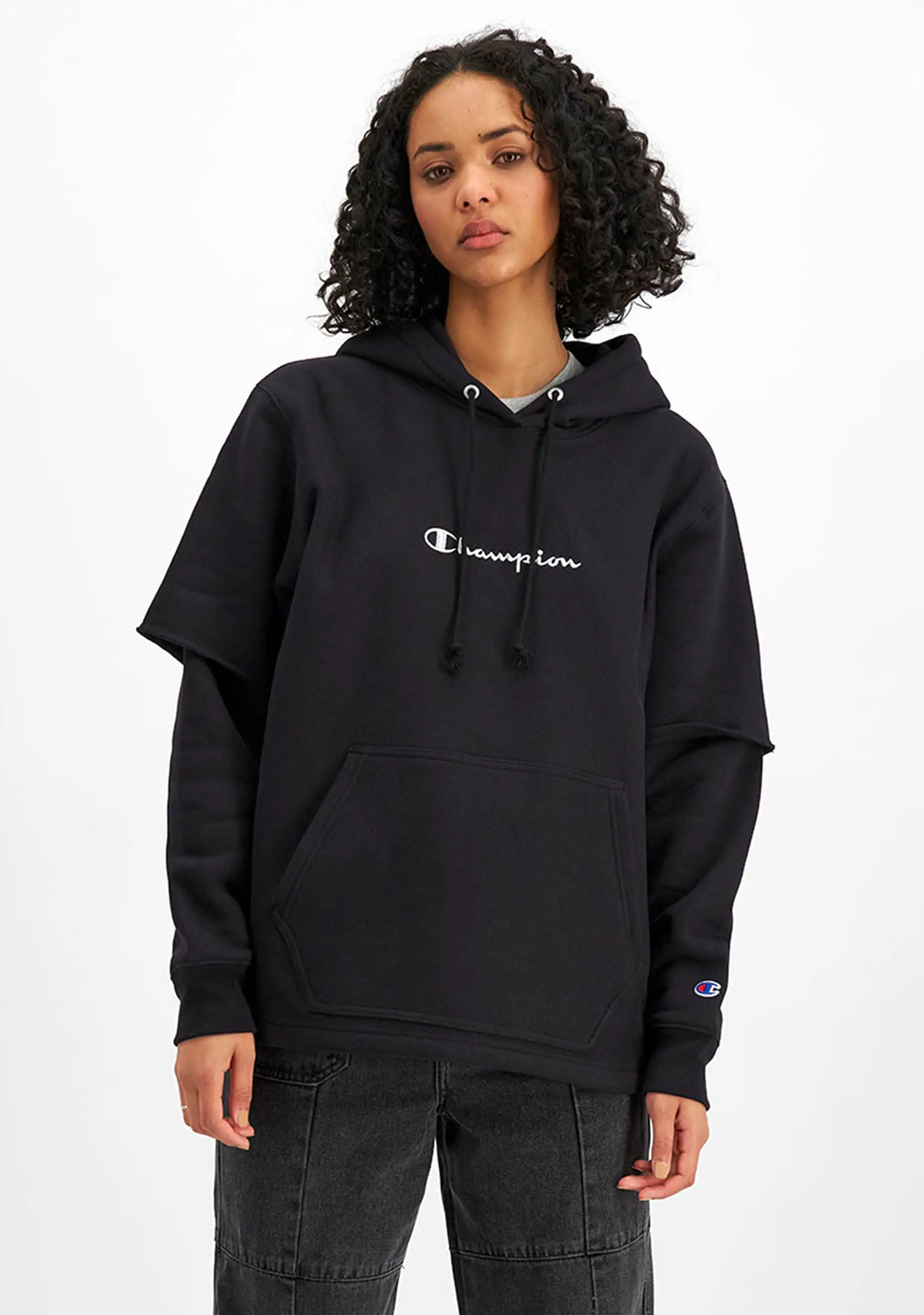 Champion Womens Reverse Weave Liquid Layer Black Hoodie Silver Logo <br> CT4EN BLK