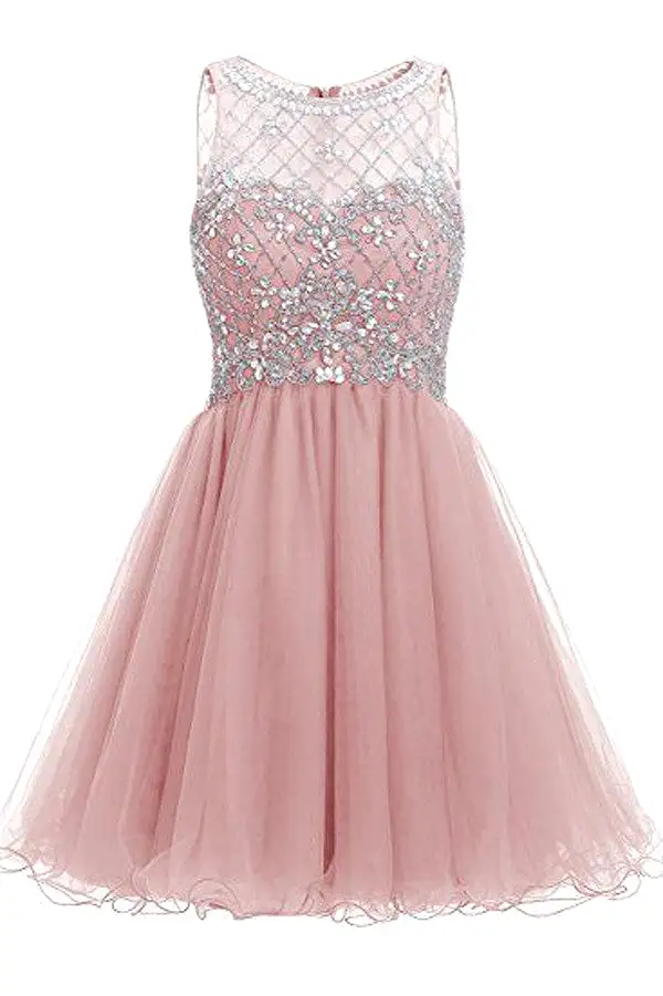 Cute Sleeveless Tulle Sheer Beading Short Homecoming Dresses