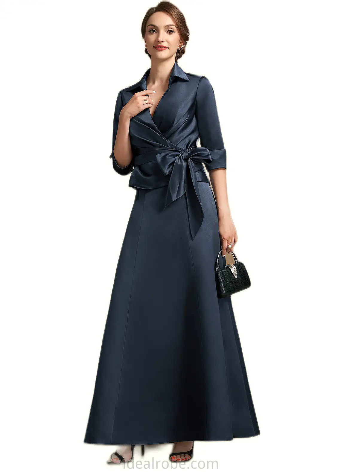 Eleanor A-Line V-neck Ankle-Length Satin Mother of the Bride Dress With Bow(s) STK126P0014683