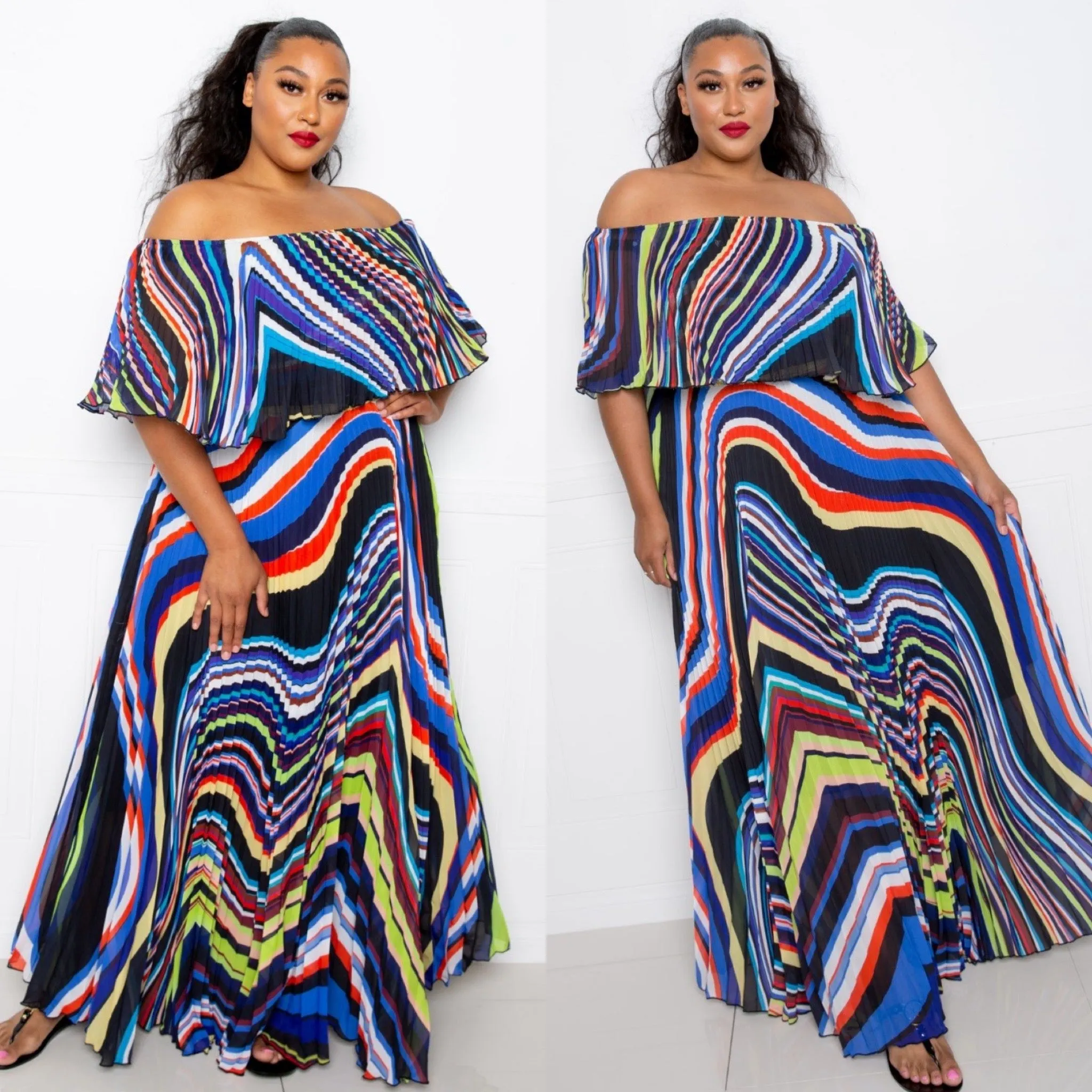 Geo Printed Off Shoulder Pleated Maxi Dress (1X-3X)