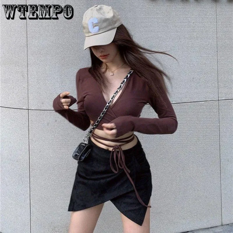 Gothic Tie-Up Crop Top - Thin Material with Long Sleeves