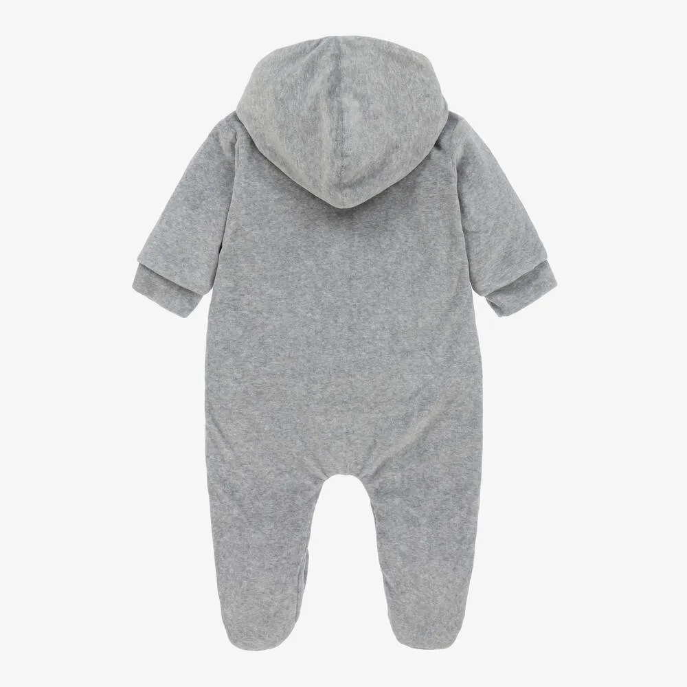 Grey Cotton Velour Teddy Baby Pramsuit