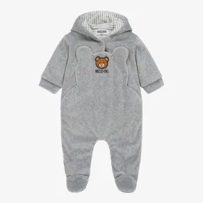 Grey Cotton Velour Teddy Baby Pramsuit