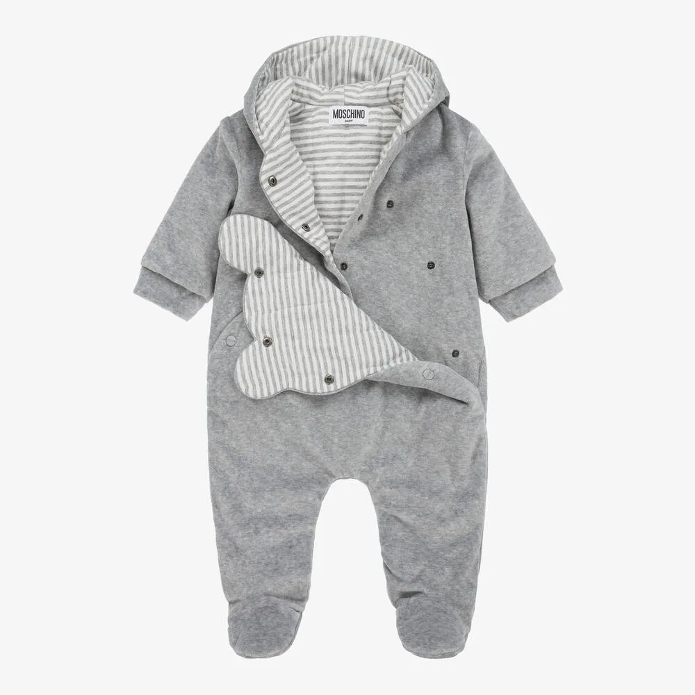 Grey Cotton Velour Teddy Baby Pramsuit