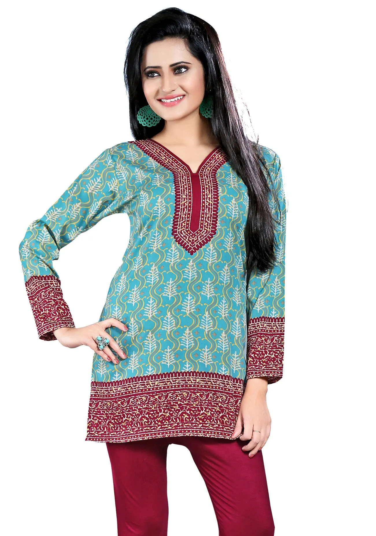 Indian Kurti Top Tunic Printed Womens Blouse India Clothes (Turquoise)