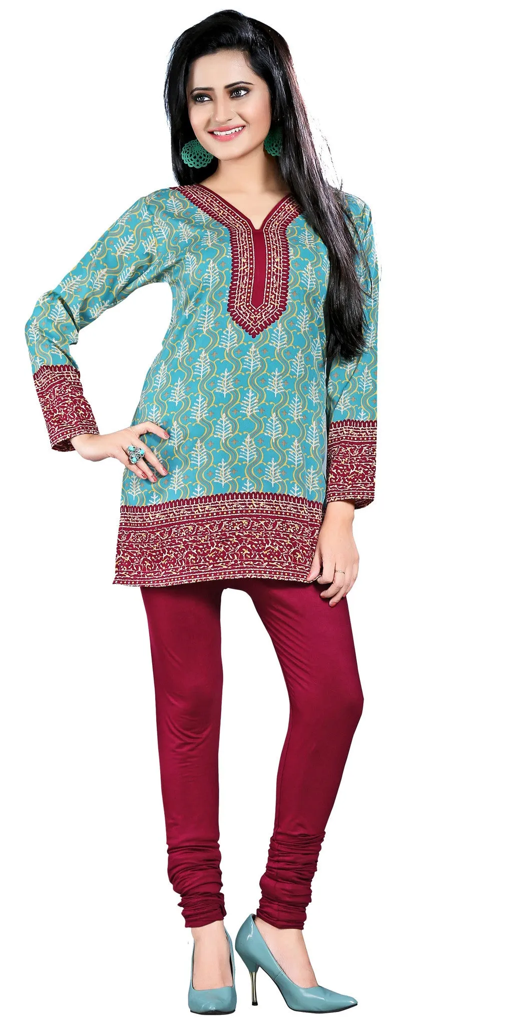 Indian Kurti Top Tunic Printed Womens Blouse India Clothes (Turquoise)