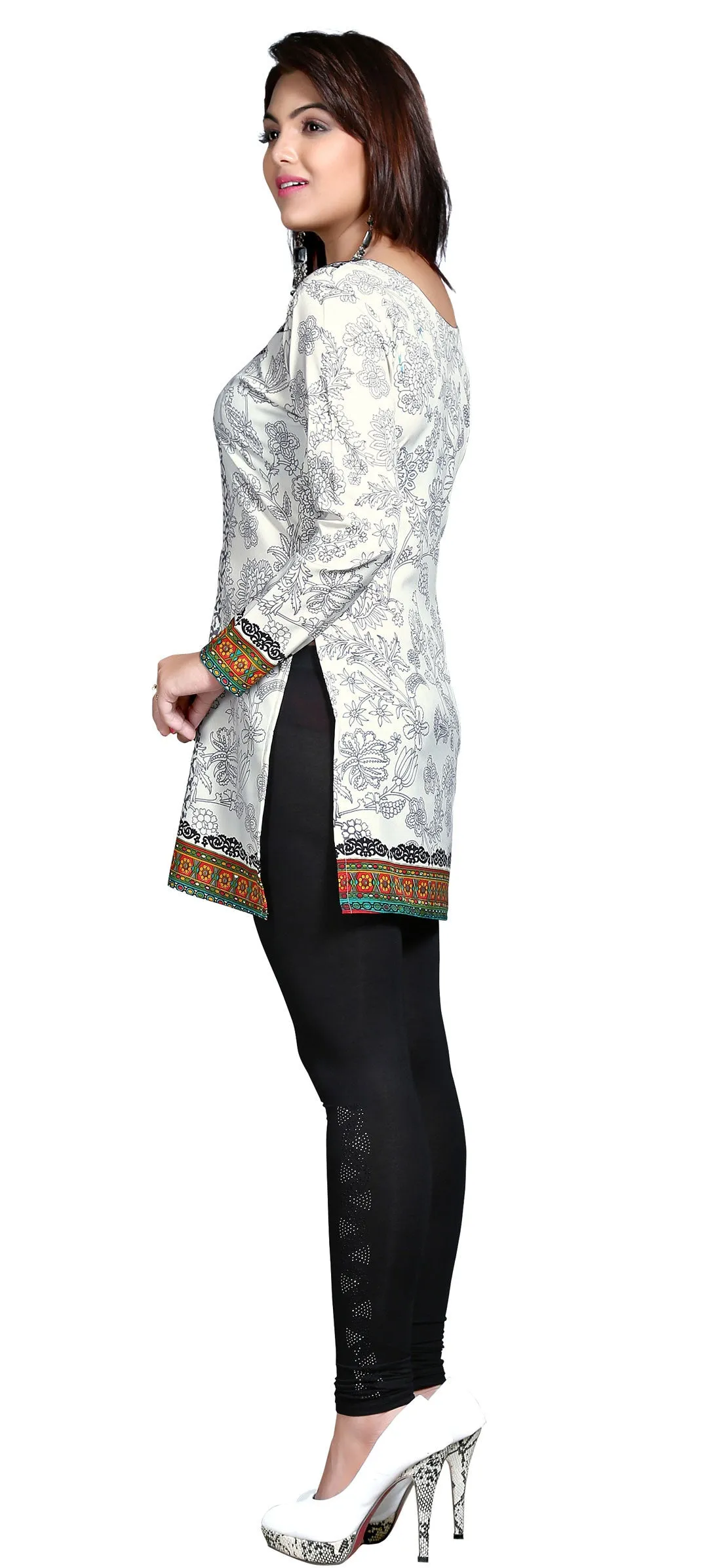 Indian Long Kurti Top Tunic Printed Womens India Clothes (Off-White)