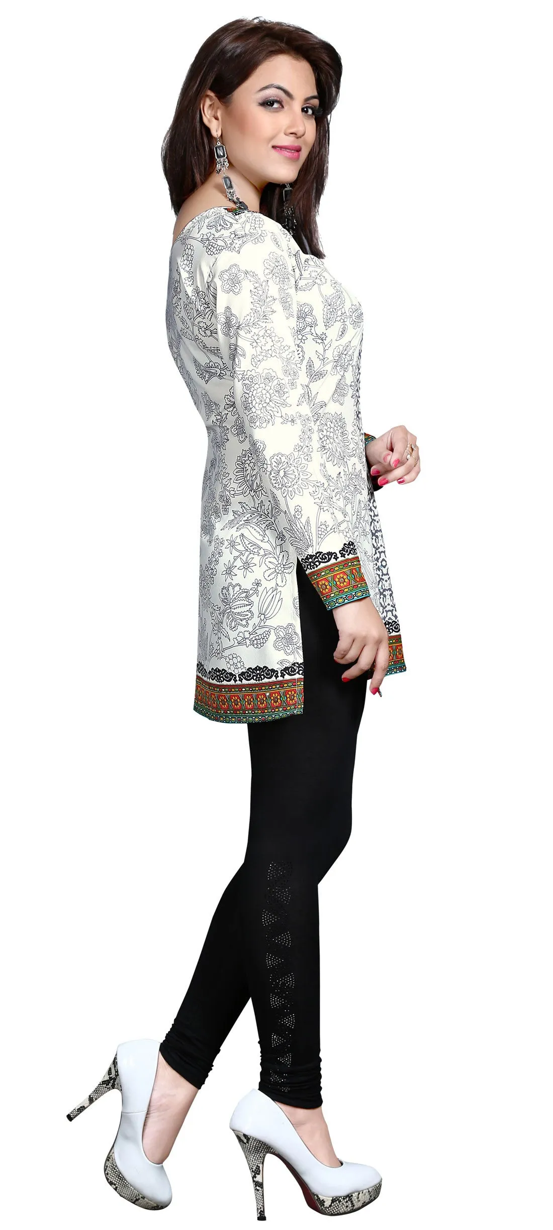 Indian Long Kurti Top Tunic Printed Womens India Clothes (Off-White)