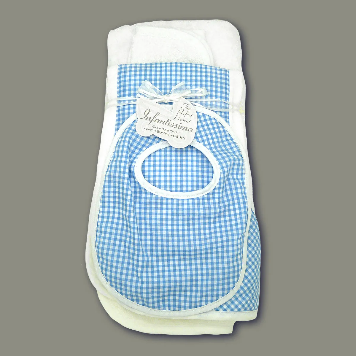 Infantissima Bib, Burp Burpy, Hooded Towel  Set  - Blue Gingham Check