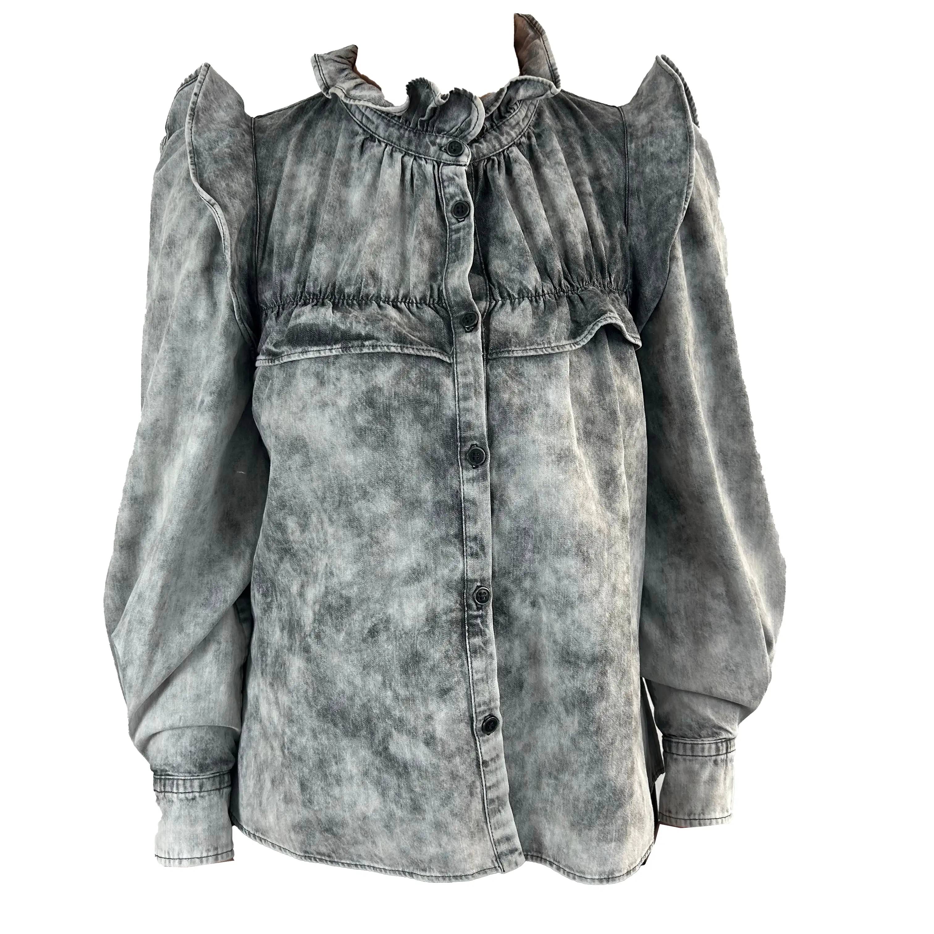 Isabel Marant Etoile Grey Mottled Lightweight Denim Frill Shirt XS