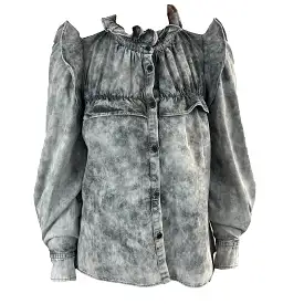 Isabel Marant Etoile Grey Mottled Lightweight Denim Frill Shirt XS