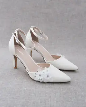 Ivory Satin Heel with Floral Detail