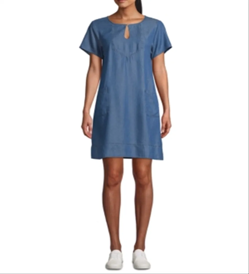 John Paul Richard Women's Keyhole Short Sleeve Shift Dress Blue Size Petite Large