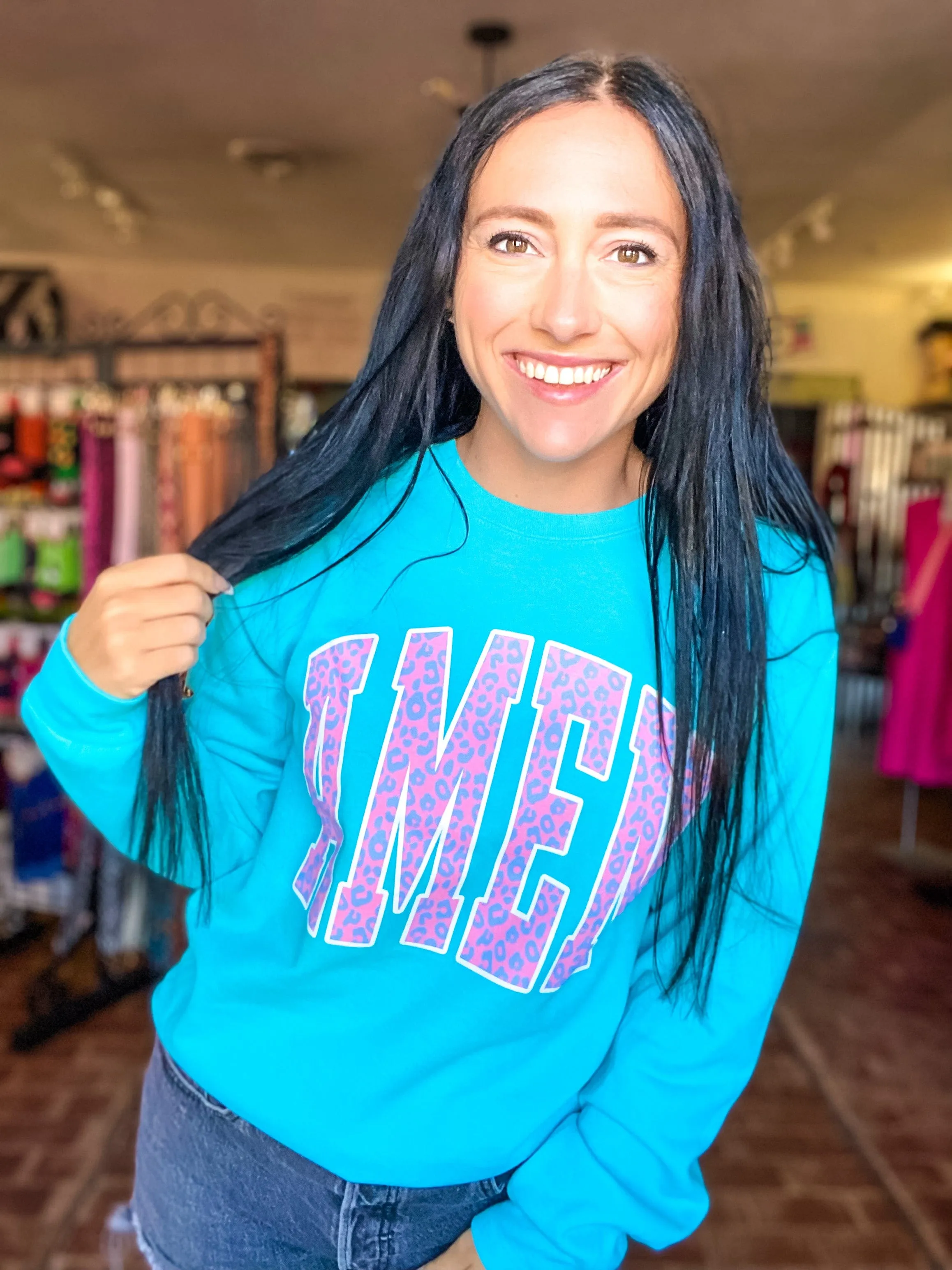 Leopard Amen Sweatshirt Scuba Blue