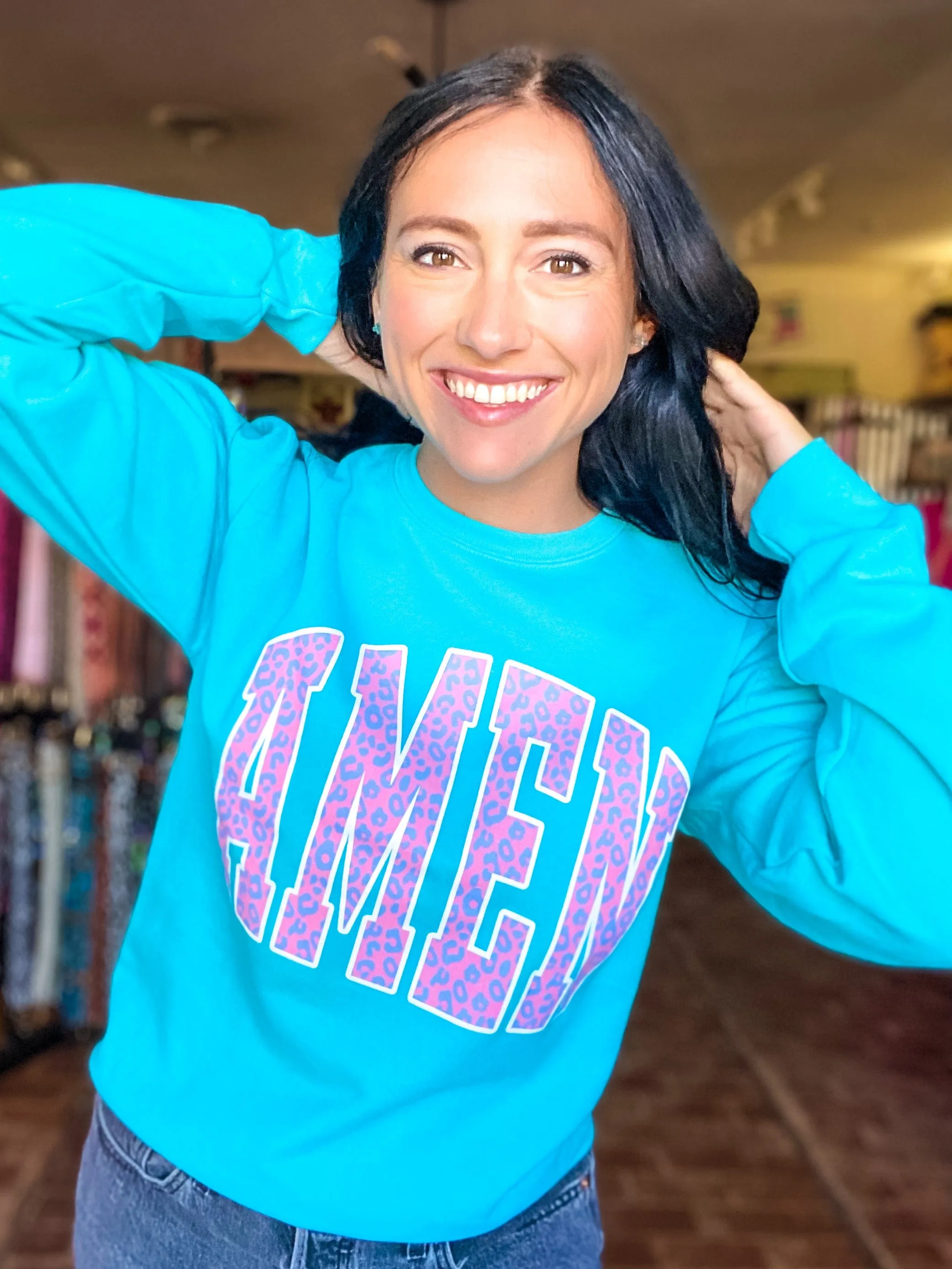 Leopard Amen Sweatshirt Scuba Blue