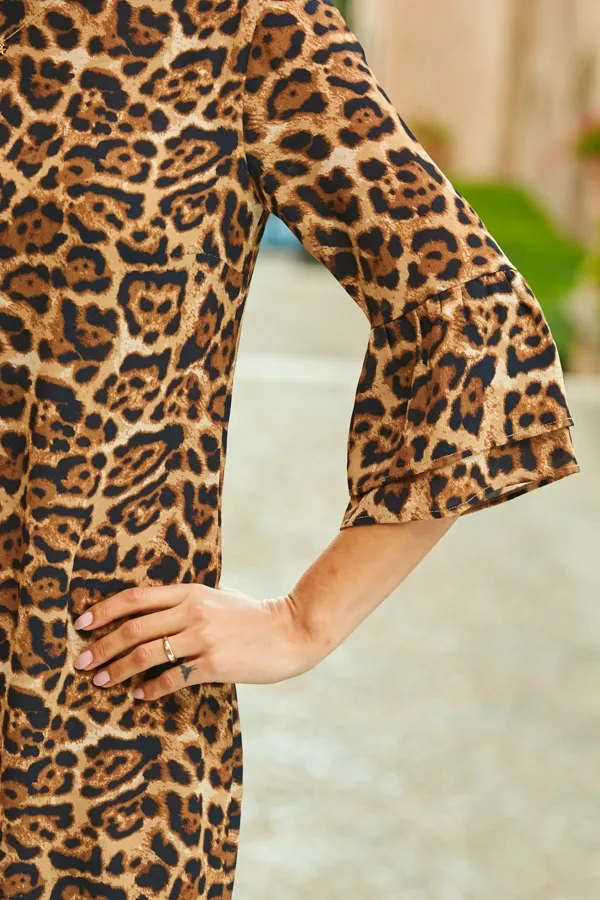 Leopard Print Ruffle Sleeve Shift Dress