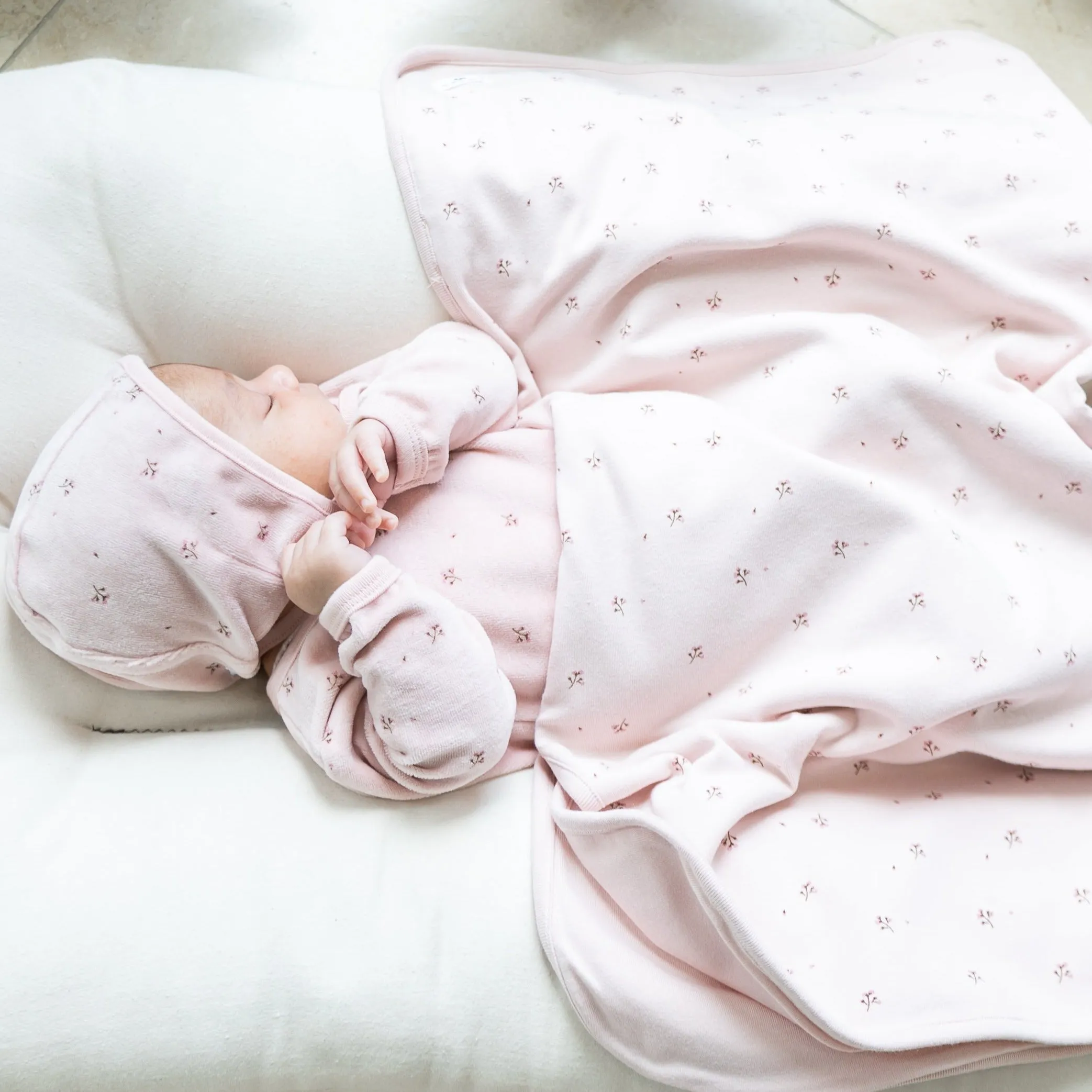 Little Fragile Baby Pink Cotton Floral Stretchie and Bonnet