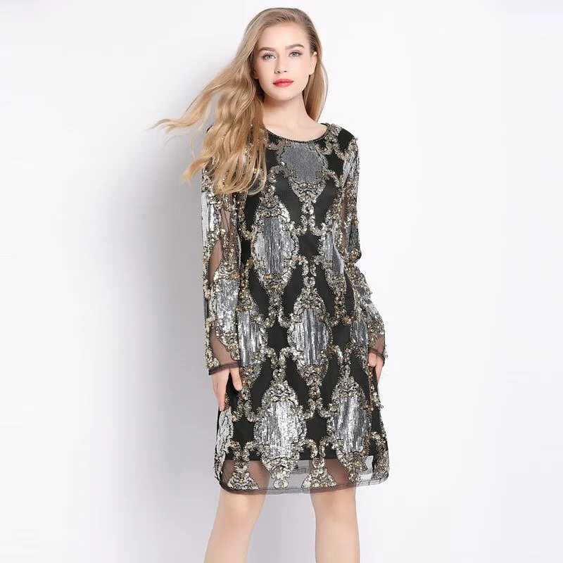 Luxury Designer See-Through Mesh Vintage Shift Dress Long Sleeve Beaded Diamond Embroidery Sequin Party Dress