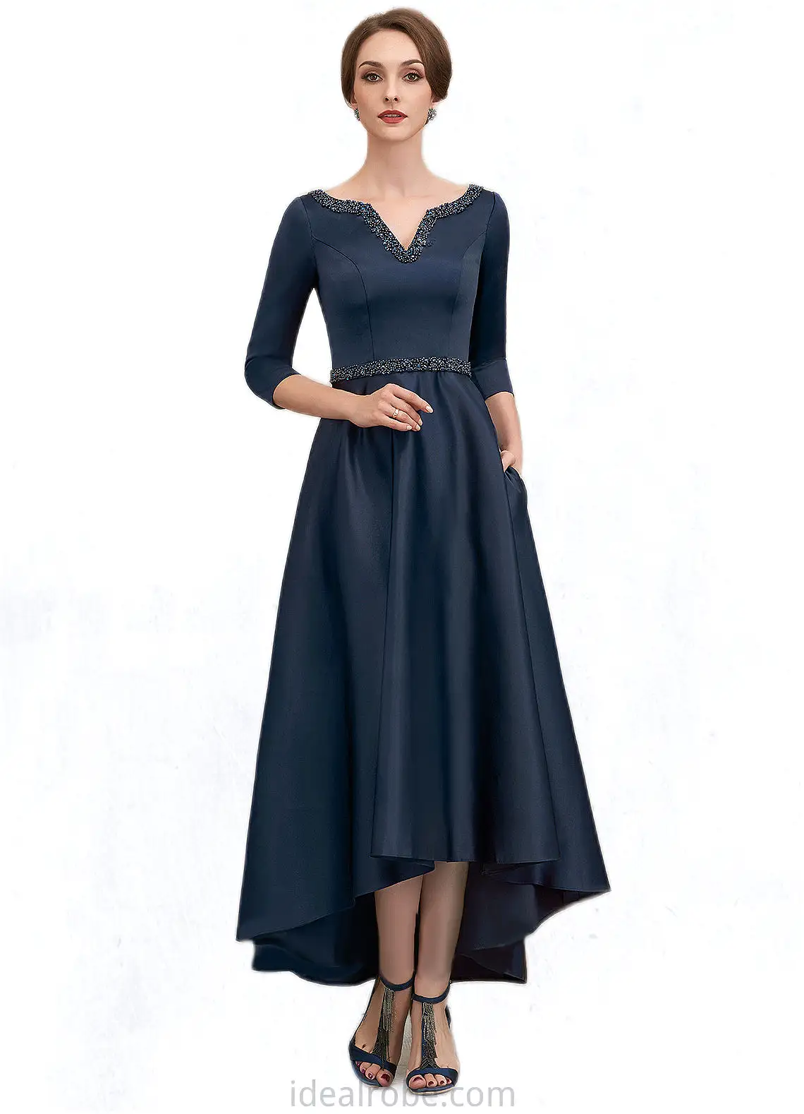 Madeline A-Line V-neck Asymmetrical Satin Mother of the Bride Dress With Beading Sequins Pockets STK126P0014641