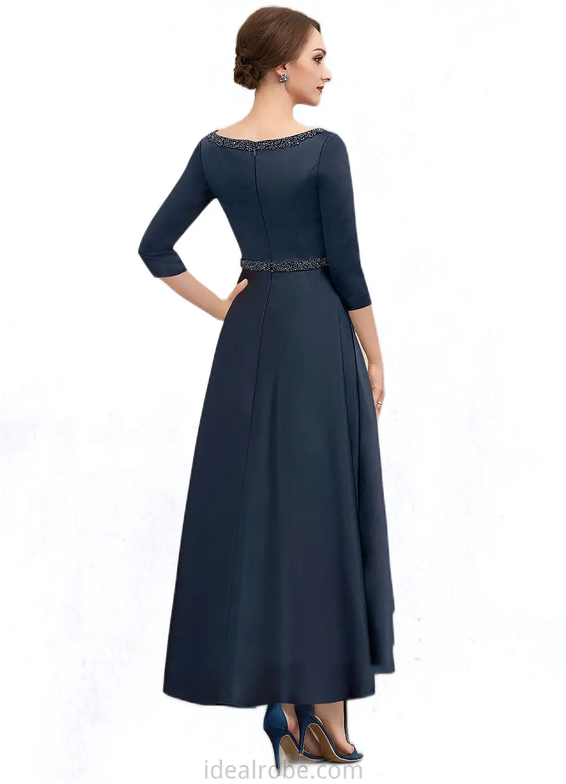 Madeline A-Line V-neck Asymmetrical Satin Mother of the Bride Dress With Beading Sequins Pockets STK126P0014641