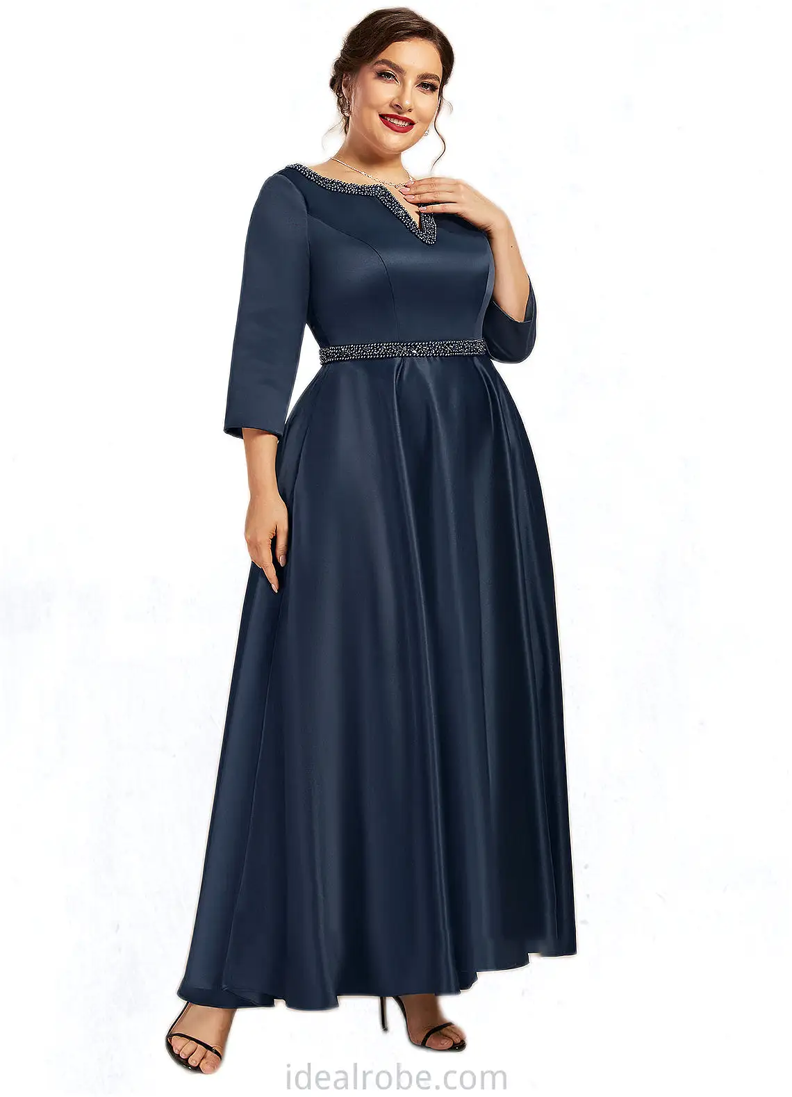 Madeline A-Line V-neck Asymmetrical Satin Mother of the Bride Dress With Beading Sequins Pockets STK126P0014641