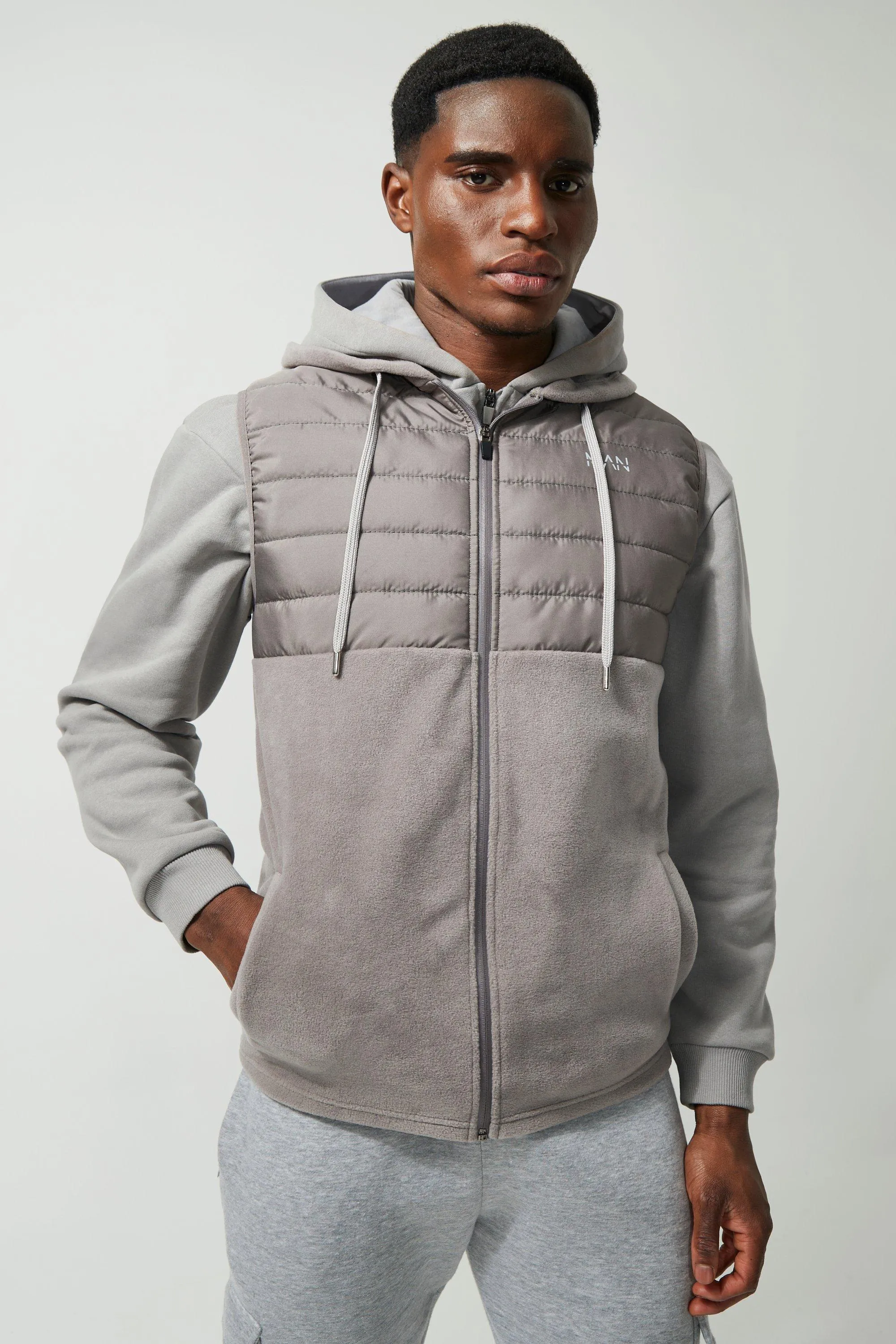 Man Active Polar Fleece & Quilted Hooded Body Warmer | boohooMAN UK